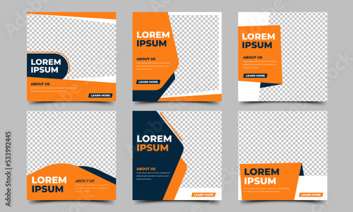 Set of square banner template design. Orange and dark blue color shape with place for the photo. Usable for social media post and web ads.