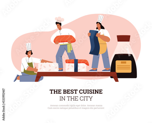 Japanese restaurant banner or signboard with sushi chefs vector illustration.