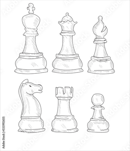 Vector Set of Black Sketch Chess Pieces. Full Chess Figures Collection.
