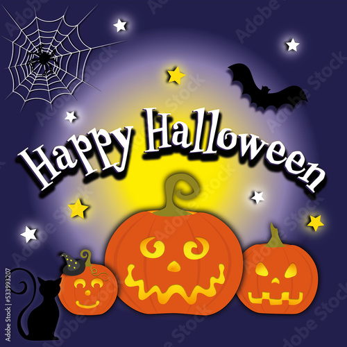 Happy Halloween  orange pumpkins  and baby pumpkin  black cat  night of mysteries