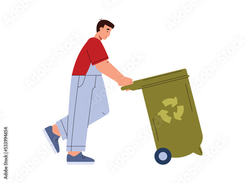 Man pushing plastic litter bin on wheels flat vector illustration isolated.