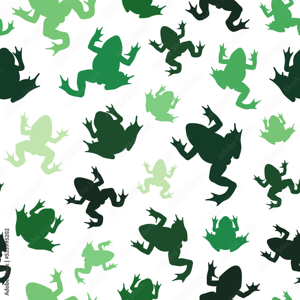 Seamless pattern with green silhouettes of river frogs. Colored vector background on white. Seamless pattern with green silhouettes of river frogs. Colored vector background on white.