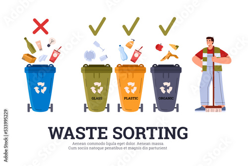 Waste sorting and recycling concept with trash bins flat vector illustration.
