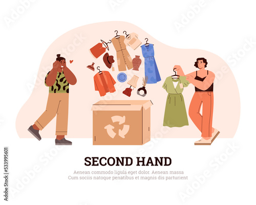People put unnecessary clothes and decors in box to give to others flat style
