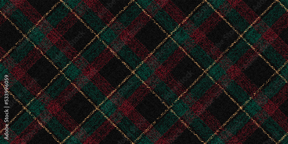 Fototapeta premium grungy ragged old dark fabric diagonal texture of wool suit red green yellow stripes on black checkered gingham repeatable pattern for plaid tablecloths shirts tartan clothes dresses bedding tweed