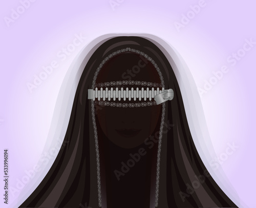 Burka is like a prison.   Muslim Arab woman in burka zippered , background vector illustration