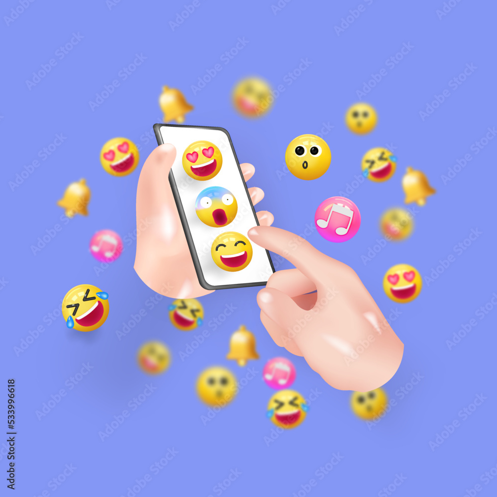 Fototapeta premium Social media concept. Marketing time. Realistic abstract 3d design. Cartoon style. In hand phone sends emoticons of emotions to friends. Mobile Template Social network. smile icon.
