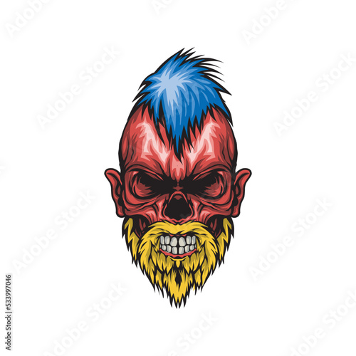 Red skull with blue mohawk hair and yellow beard best for t shirt design