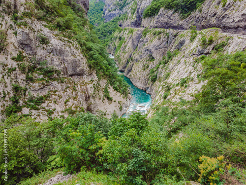 The purest waters of the turquoise color of the river Moraca flowing among the canyons. Travel around Montenegro concept