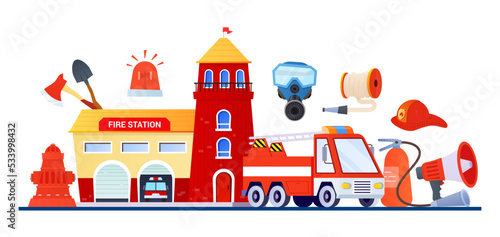 Fire station and uniforms - modern flat design style poster