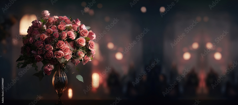 Romantic bouquet of roses. Fantasy rose, light blurred bokeh. Romantic evening atmosphere, rose garden, rose bouquet, flowers. 3D illustration - obrazy, fototapety, plakaty 