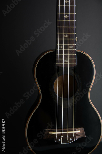 Close up ukulele isolated on dark background. Copy text.