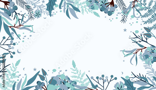 Christmas border with decorative flowers, leaves, blue berries, spruce branch. Winter composition perfect for greeting cards, poster, banner. Vector.