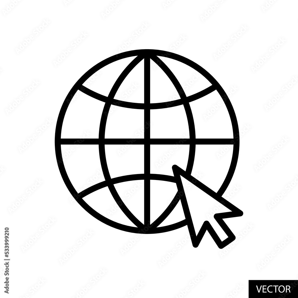 Go to web, Visit our website, World globe with arrow cursor symbol vector icon in line style design for website, app, UI, isolated on white background. Editable stroke. Vector illustration. Go to web, Visit our website, World globe with arrow cursor symbol vector icon in line style design for website, app, UI, isolated on white background. Editable stroke. Vector illustration.
