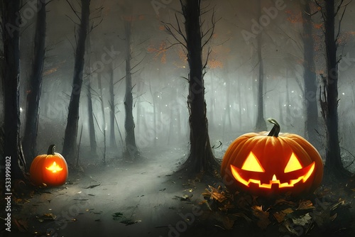 Halloween pumpkins in forest garden. Happy Halloween Jack o lantern spooky scary party. Creepy moon night theme 3D banner background