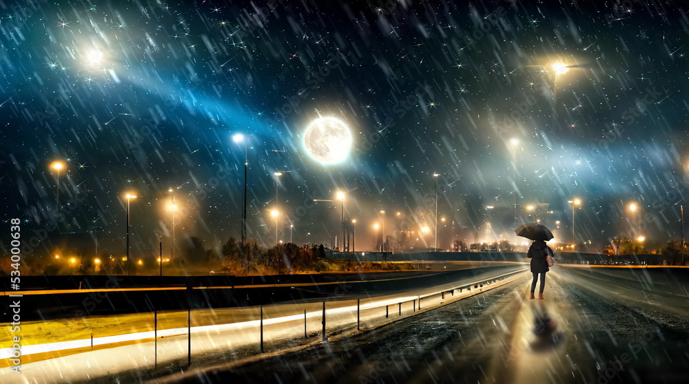  rainy  highway at night , pedestrian with umbrella walk under rain  city light blurred reflection on horizon road starry sky and moon