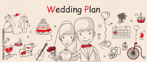 Doodle wedding set for invitation cards, including template design decorative elements