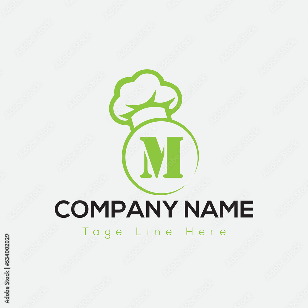 Chef Logo On Letter M Template. Restaurant On M Letter, Initial Food