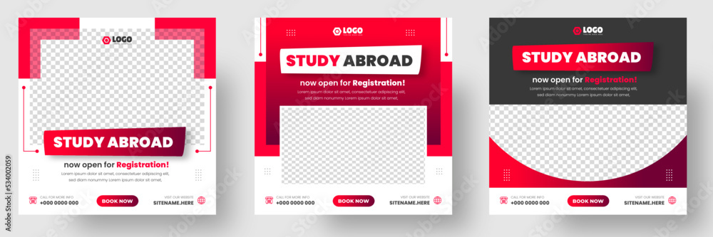 Study abroad social media post banner design. higher education social media post banner design set. school admission promotion banner. school admission template for social media ad. Study abroad social media post banner design. higher education social media post banner design set. school admission promotion banner. school admission template for social media ad.