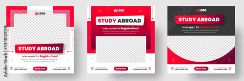 Study abroad social media post banner design. higher education social media post banner design set. school admission promotion banner. school admission template for social media ad.