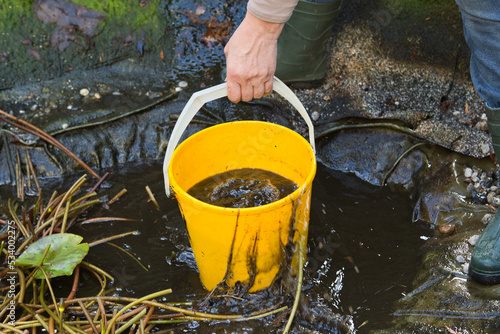 person holding a bucket with water to cleaning a pond