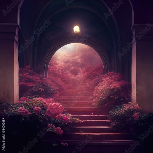 Fantasy rose in the background of the landscape. Fairytale mountain landscape with flowers. Beautiful pink rose, flowers. Fantasy flower garden, magic. 3D illustration.
