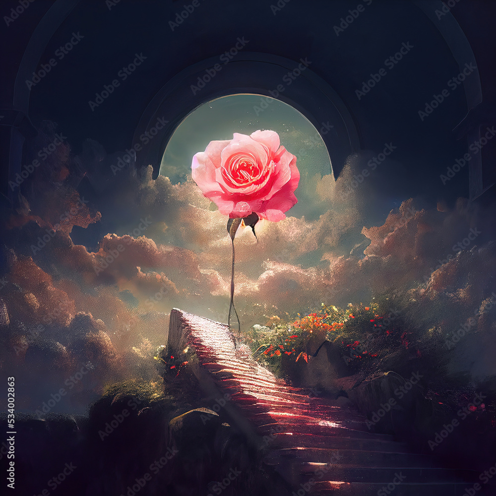 Fantasy rose in the background of the landscape. Fairytale mountain landscape with flowers. Beautiful pink rose, flowers. Fantasy flower garden, magic. 3D illustration. - obrazy, fototapety, plakaty 