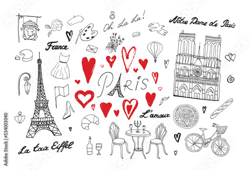 Paris France travel vector illustrations set.