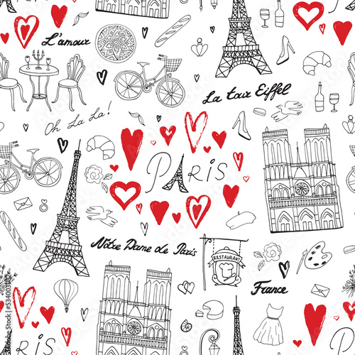 Paris France travel vector seamless pattern.