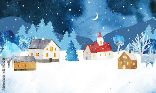 Watercolor Christmas vector illustration. Winter rural landscape with cozy houses, Christmas tree, church under night sky with moon and snow. Template  for invitation, postcard, banner, poster
