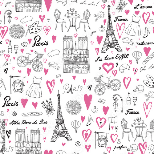 Paris France travel vector seamless pattern.