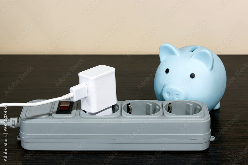 Does Turning Off Extension Cords Save Electricity piggy bank next to an electrical socket, an extension cord with a