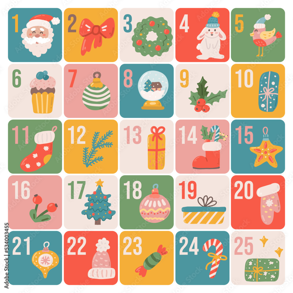 Christmas Advent calendar in flat hand drawn style, festive vector poster Christmas Advent calendar in flat hand drawn style, festive vector poster