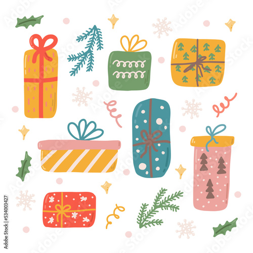 Set of Christmas gifts, vector illustration in flat style, decor for postcards, posters