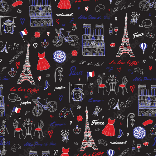 Paris France travel vector seamless pattern.