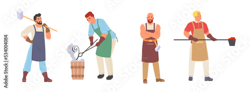 Blacksmith character at medieval forge vector set