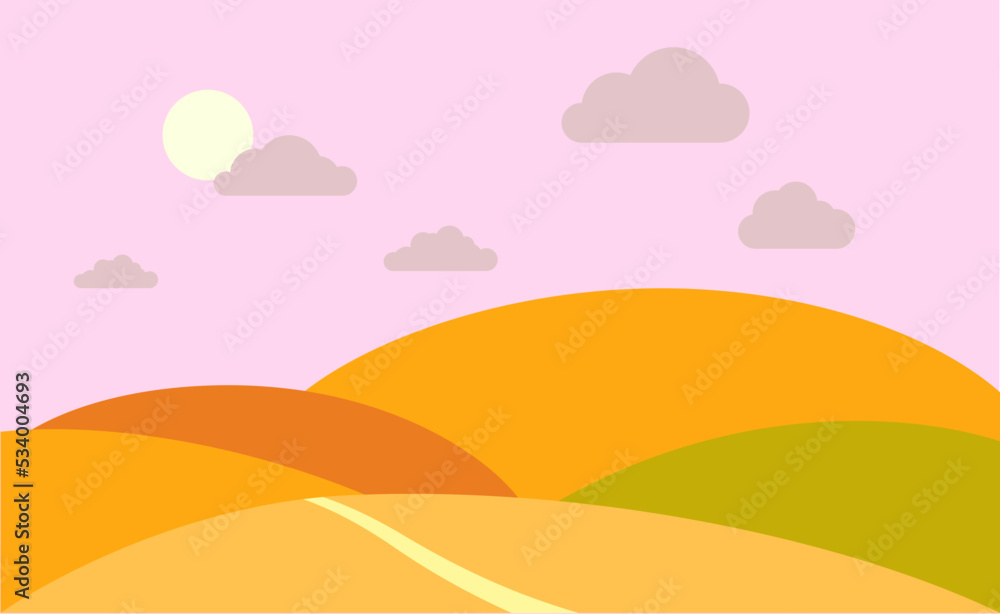 Concept of autumn landscape of hills in flat style for print and design.Vector illustration.