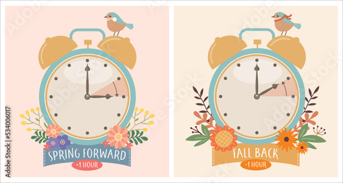 Daylight Saving Time vector illustration. Set of clocks, text fall back, spring forward. The hand of the clocks turning to winter or summer time. DST in Northern Hemisphere, modern flat pretty design