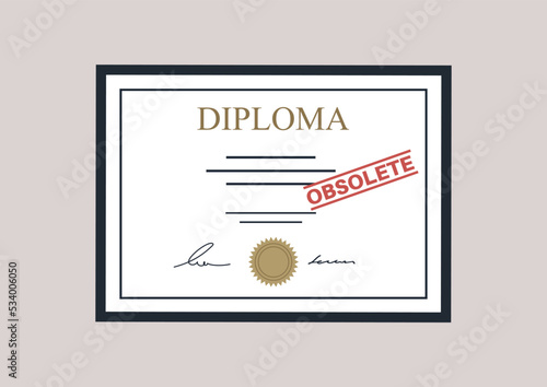 A university diploma with a red rubber Obsolete stamp, educational crisis
