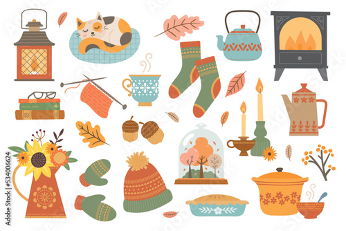 Vector set autumn icons: log burner, leaves, cozy, candles, lantern, acorns, conkers. Scrapbook collection of fall season elements. Background for harvest time. Autumn greeting card