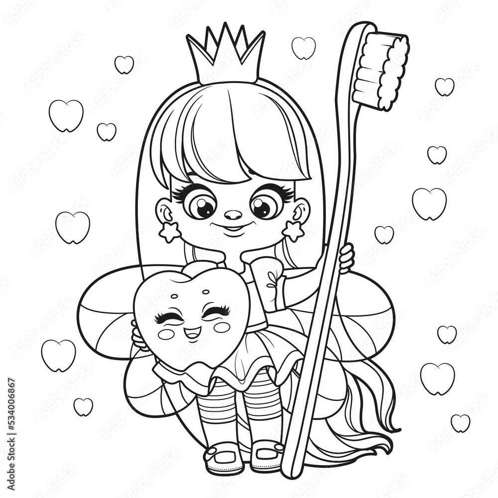 Cute cartoon long haired girl tooth fairy with big tooth and a ...