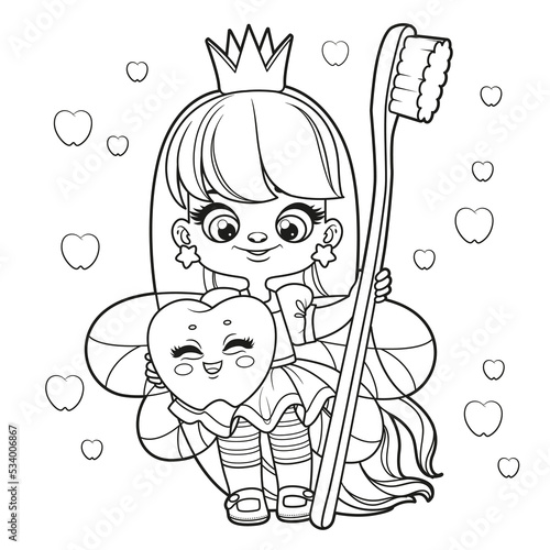 Cute cartoon long haired girl tooth fairy with big tooth and a toothbrush outlined for coloring page on white background