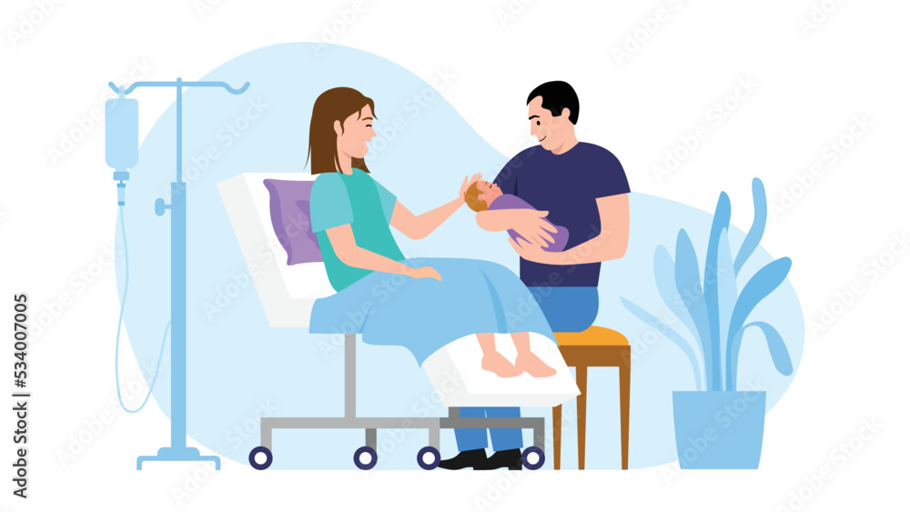 Vector illustration of women after childbirth. Cartoon scene with a joyful mother who gave birth to child and father who holds him on white background. Vector illustration of women after childbirth. Cartoon scene with a joyful mother who gave birth to child and father who holds him on white background.