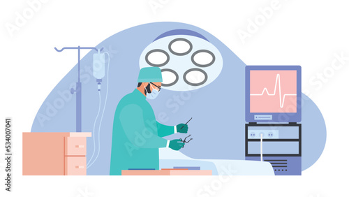 Vector illustration of surgeon. Cartoon scene with a surgeon who is preparing for surgery in the operating room on white background.