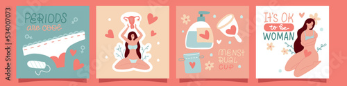 Set of cards with beautiful female characters with quotes about female period, menstrual blood, reusable cup. Womb and Uterus, Female Ovaries compositions. Menstruation concept. Flat vector photo
