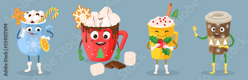 Cute hot winter drink character vector set