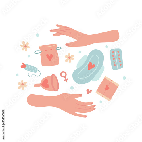 Women hands holding menstrual cup, tampon, periods pads and birth control pills. Hand drawn vector illustrations isolated on white background