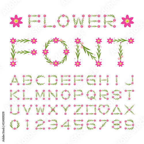 Isolated pink flower font alphabet character with number and symbol, Vector floral wreath ivy style with branch and leaves. © Kobsoft