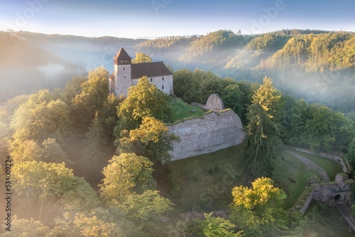 Historical castle Litice, Bohemia, Czech republic
Magical sunrise in the forest. Fantasy woodland background. photo