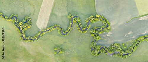 Schilderij op canvas Aerial view of river meander in the lush green vegetation of the delta